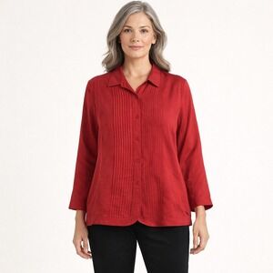 WinterSilks Silk Linen Blouse Womens Size XL Red Pleated‎ Button Up Shirt NWT